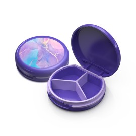 Serfeymi Small Pill Box - 3 Compartments Portable Pill Box for Purse Pocket, Compact Mini Travel Pill Case - Suitable for Medicine, Vitamin, Fish Oil, Supplements - Purple(Marble)