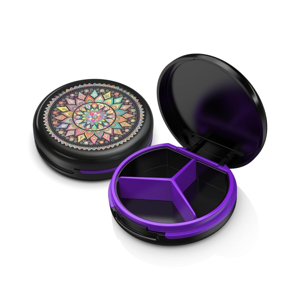Serfeymi Small Pill Box - 3 Compartments Portable Pill Box for Purse Pocket, Compact Mini Travel Pill Case - Suitable for Medicine, Vitamin, Fish Oil, Supplements - Black(Mandala)