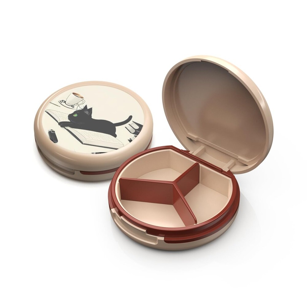 Serfeymi Small Pill Box - 3 Compartments Portable Pill Box for Purse Pocket, Compact Mini Travel Pill Case - Suitable for Medicine, Vitamin, Fish Oil, Supplements - White(Cat)