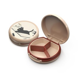 Serfeymi Small Pill Box - 3 Compartments Portable Pill Box for Purse Pocket, Compact Mini Travel Pill Case - Suitable for Medicine, Vitamin, Fish Oil, Supplements - White(Cat)