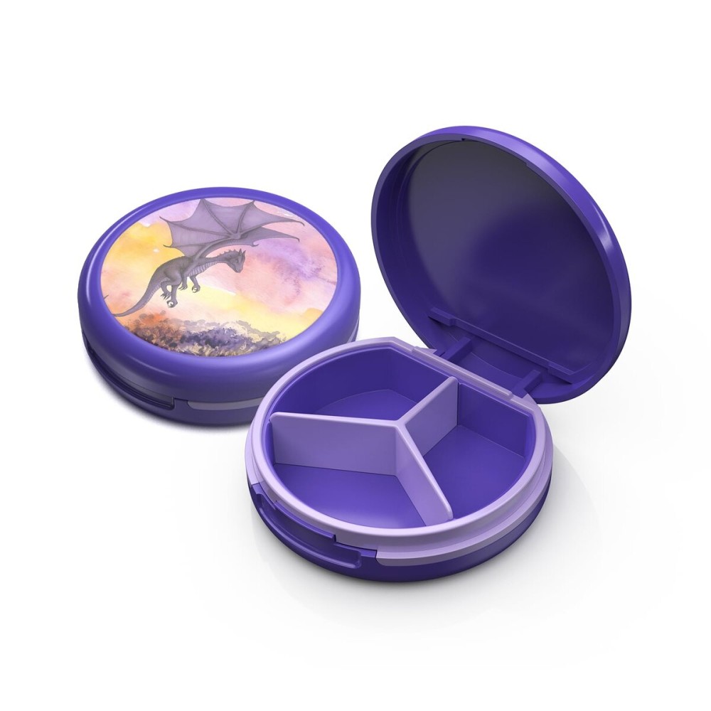 Serfeymi Small Pill Box - 3 Compartments Portable Pill Box for Purse Pocket, Compact Mini Travel Pill Case - Suitable for Medicine, Vitamin, Fish Oil, Supplements - Purple(Pterosaur)