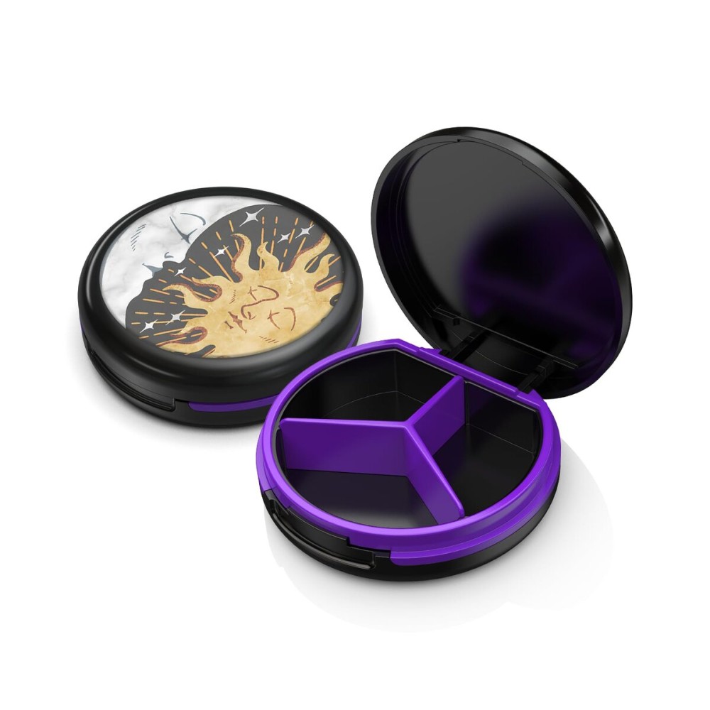 Serfeymi Small Pill Box - 3 Compartments Portable Pill Box for Purse Pocket, Compact Mini Travel Pill Case - Suitable for Medicine, Vitamin, Fish Oil, Supplements - Black(Celestial Balance)