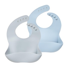 Moonkie Silicone Baby Bibs Set Of 2 | BPA Free Waterproof | Soft Flexible Adjustable Silicone Bibs for Babies & Toddlers(Light Grey/Blue Fog)