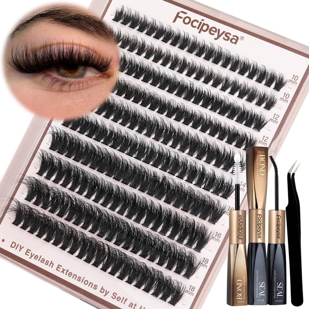 Focipeysa Volume Lash Clusters Kit D Curl Lashes Extensions Thick Volume Eyelash Clusters DIY Eyelash Extension with Lash Glue Lash Bond and Seal 10-16mm Fluffy Cluster Eyelash Extension DIY Lashes
