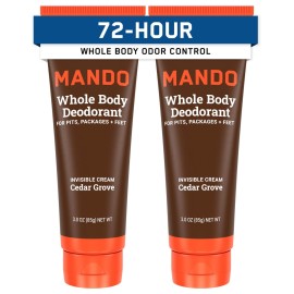 Mando Whole Body Deodorant For Men - Invisible Cream - 72 Hour Odor Control - Aluminum Free, Baking Soda Free, Skin Safe - 3 Ounce Tube (Pack of 2) - Cedar Grove