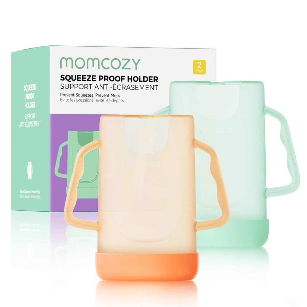 Momcozy Baby Pouch Holder No Squeeze for Food Pouches and Drink Boxes, Allows Baby to Self-feed and Avoid Messes, Baby Food Pouch Holder Handle is Easy to Grip, Comfortable, Green&Orange