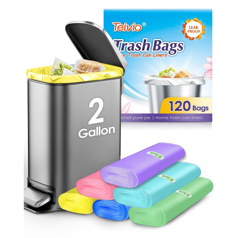 Small Trash Bags 2 Gallon 120 Count Strong Trash Bags Colorful Small Garbage Bags, Trash Can Liners for Bathroom Home Office Kitchen Bedroom, fit 5-10 Liter, 1,1.2,1.6,2,2.6,3 Gal,Multicolor