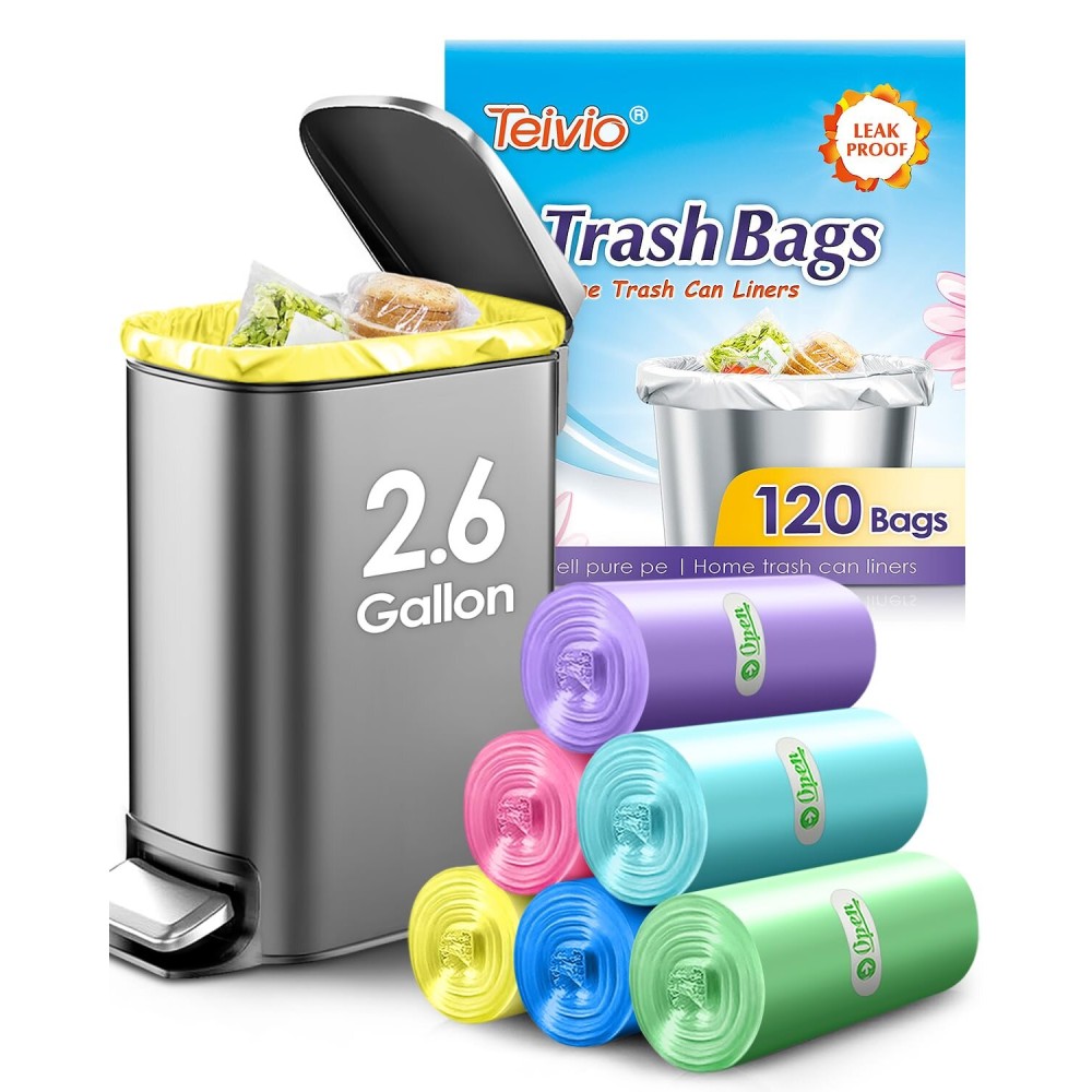 Small Trash Bags 2.6 Gallon 120 Count Strong Trash Bags Colorful Small Garbage Bags, Trash Can Liners for Bathroom Home Office Kitchen Bedroom, fit 5-10 Liter, 1,1.2,1.6,2,2.6,3 Gal,Multicolor
