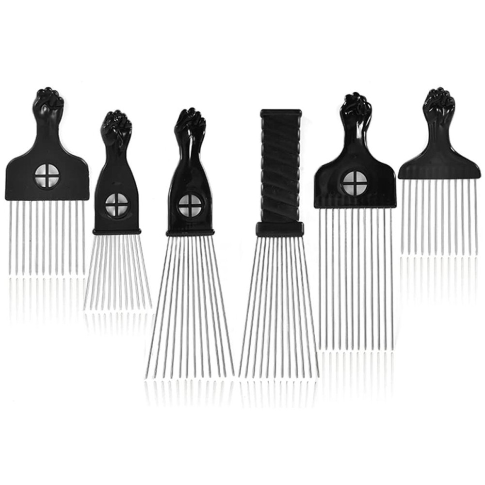 6 Pack Curly Afro Hair Metal Hair Picks, Metal Tool Hair Combs for Men Women Afro Wigs (Black)