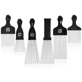 6 Pack Curly Afro Hair Metal Hair Picks, Metal Tool Hair Combs for Men Women Afro Wigs (Black)