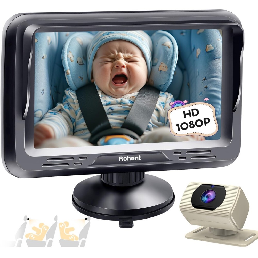 Rohent Car Baby Monitor with Camera - 1080P HD, 360 Adjustable, Night Vision, 150 Wide-Angle Lens, Easy Installation, Perfect Match for Beige Car Interiors, Ideal for Parents & Families