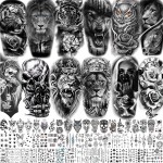 VANTATY 69 Sheets 3D Realistic Tiger Lion Temporary Tattoos For Women Forearm Men Arm, Half Sleeve Wolf Owl Skull Skeleton Waterproof Fake Tattoos For Adults Thigh, Black Animal Bulk Tattoo Sticker