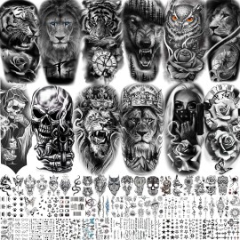VANTATY 69 Sheets 3D Realistic Tiger Lion Temporary Tattoos For Women Forearm Men Arm, Half Sleeve Wolf Owl Skull Skeleton Waterproof Fake Tattoos For Adults Thigh, Black Animal Bulk Tattoo Sticker
