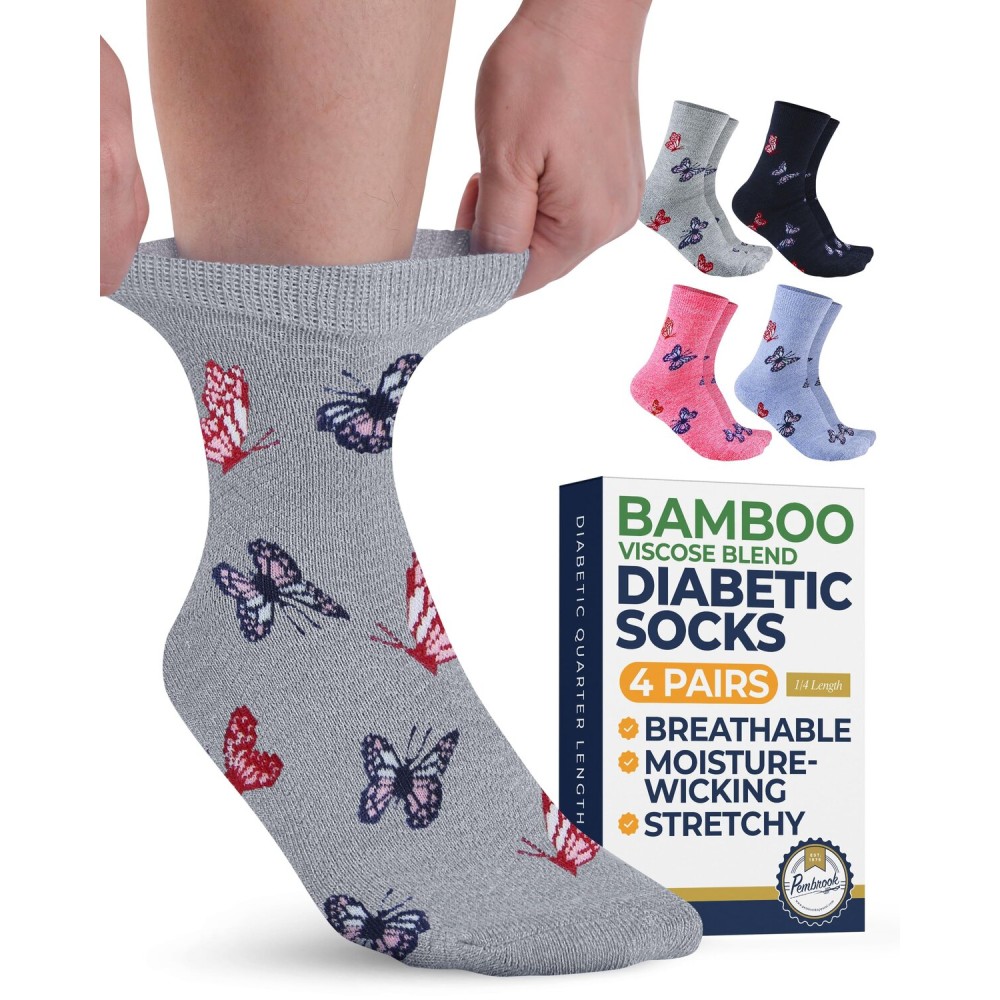 Pembrook Ankle Diabetic Socks for Women & Men - 4 Pairs Bamboo Viscose Moisture-Wicking, Non Binding, Wide Top Diabetic Ankle Socks for Women, Butterflies (Black, Gray, Navy, Pink)