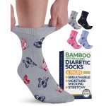 Pembrook Ankle Diabetic Socks for Women & Men - 4 Pairs Bamboo Viscose Moisture-Wicking, Non Binding, Wide Top Diabetic Ankle Socks for Women, Butterflies (Black, Gray, Navy, Pink)