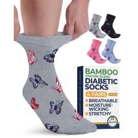 Pembrook Ankle Diabetic Socks for Women & Men - 4 Pairs Bamboo Viscose Moisture-Wicking, Non Binding, Wide Top Diabetic Ankle Socks for Women, Butterflies (Black, Gray, Navy, Pink)