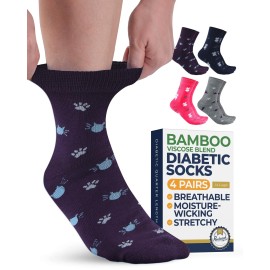 Pembrook Ankle Diabetic Socks for Women & Men - 4 Pairs Cats (Gray, Navy, Purple, Pink), Diabetic Plus Size Socks for Neuropathy
