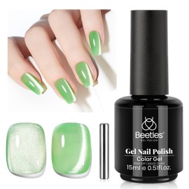 Beetles Green Cat Eye Gel Polish, 15ML Light Green Glass Cat Eye Glitter Gel Polish with Magnet Shimmer Translucent Sheer Color Soak Off UV Lunar Gleam Series French Nail Art Gift for Women