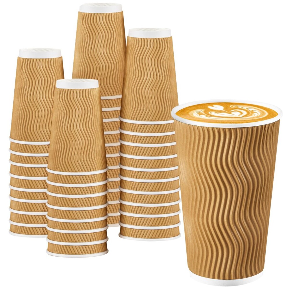 BYSNOW 90 Pack 16 oz Disposable Coffee Cups, Insulated Ripple Wall Paper Coffee Cups 16oz, To Go Cup for Espresso, Hot Beverage Drinks (No Lids)