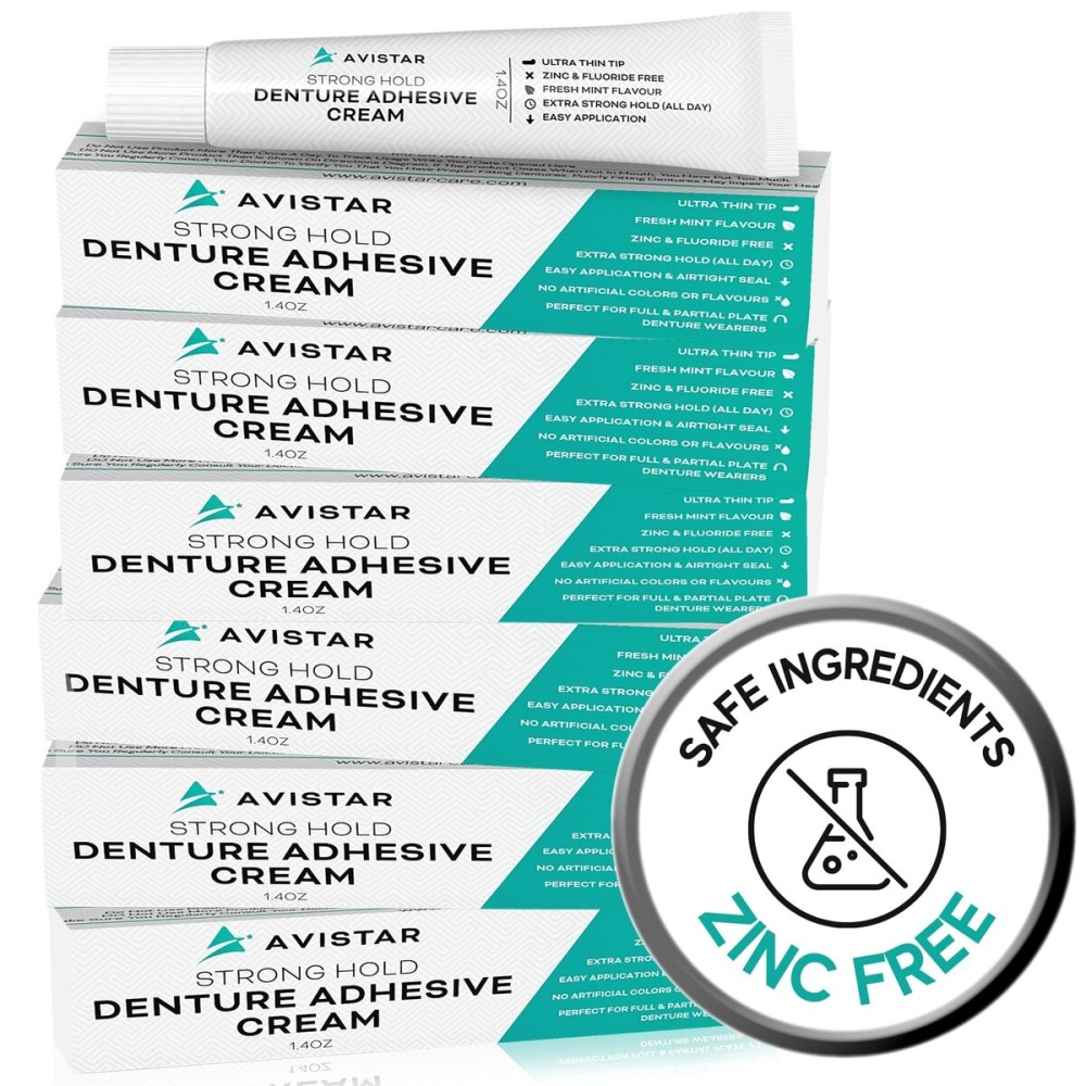 Extra Strong Denture Adhesive Cream, 12 Hour Hold Dental Glue, Waterproof, Zinc & Fluoride Free, Easy Apply Nozzle, Seals Food Out for Comfort, Mint Flavor (6 Pack, 8.4 Fl Oz)