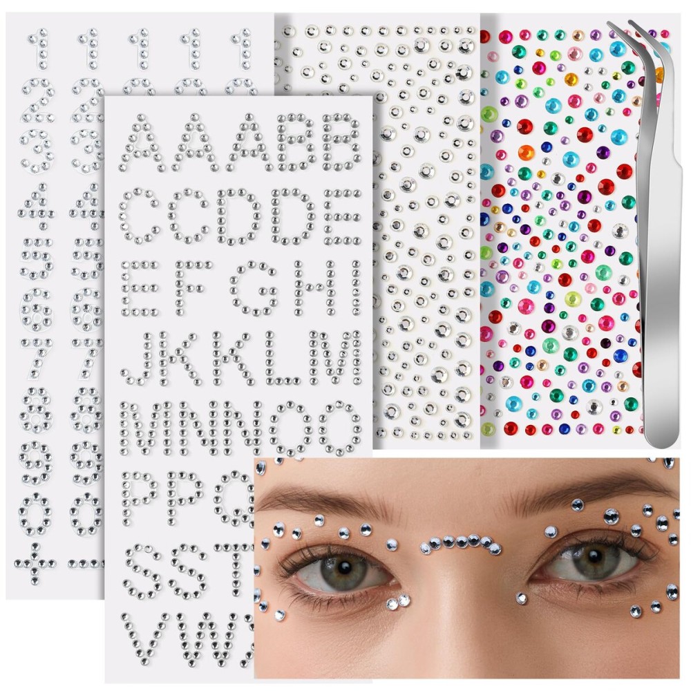 Teenitor Face Gems, 4 Sheets Self Adhesive Rhinstone Stickers, Makeup Face Rhinestones Kit, Stick On Gems for Face, Body, Hair