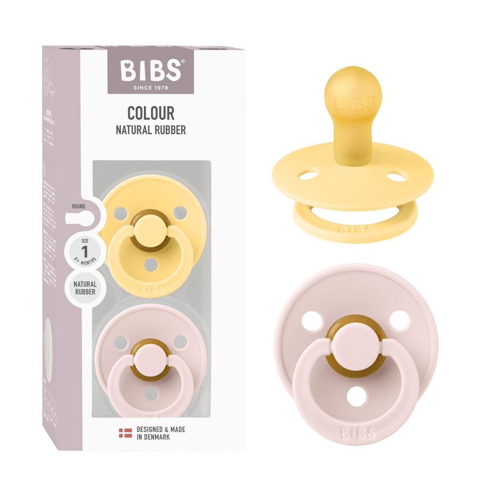 BIBS Colour Pacifier 2-Pack, BPA Free Dummy Binky, Round Nipple. Natural Rubber Latex, Made in Denmark, Size 2 (6-18 Months), Pale Butter/Petal