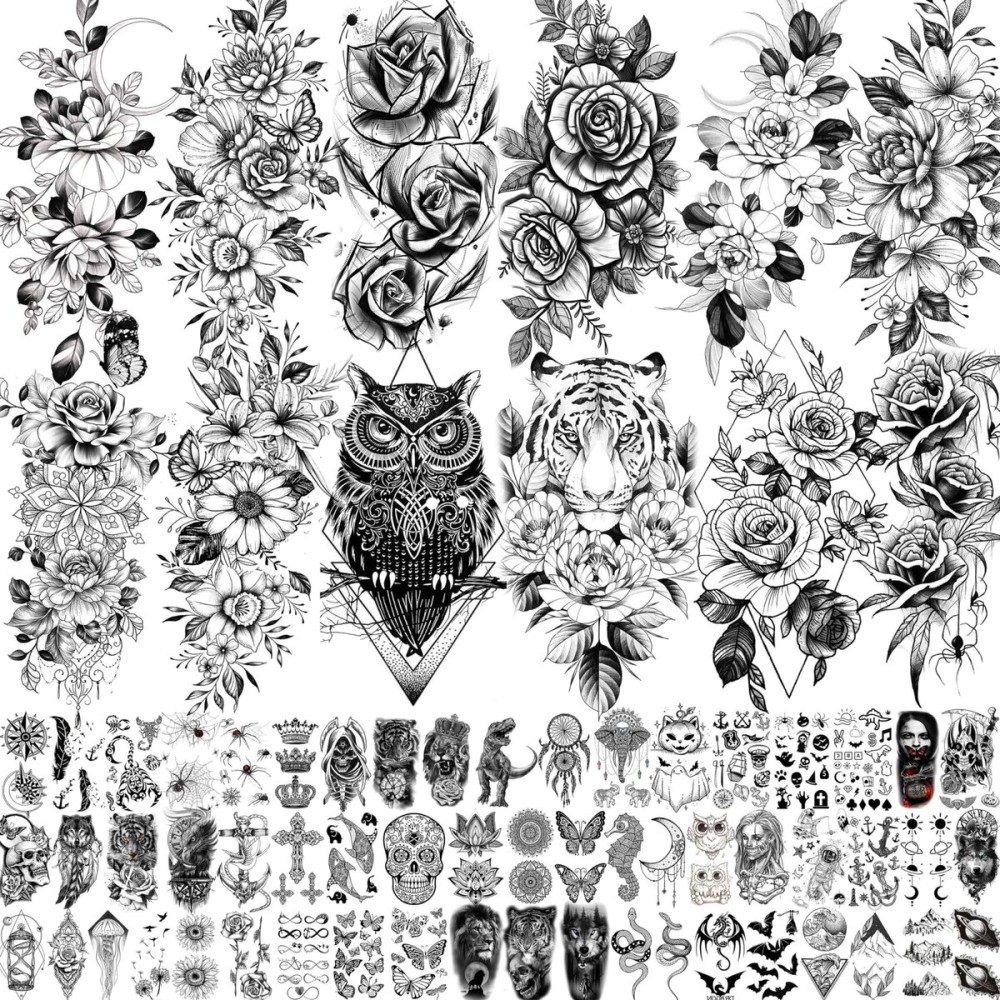 EGMBGM 69 Sheets Realistic Peony Rose Flower Temporary Tattoos For Women Girls Arm Thigh, Owl Tiger Floral Waterproof Long Lasting Temp Fake Tattoos For Women, Small Black Tattoo Stickers Kids Finger