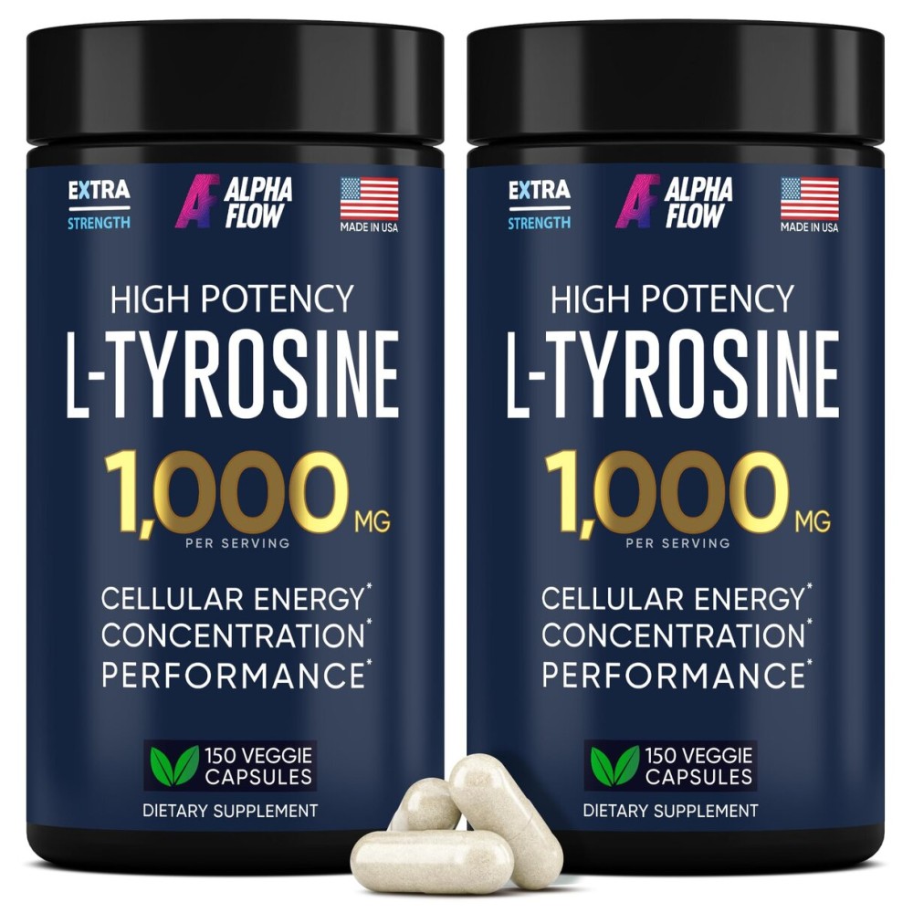 [2 Pack] L-Tyrosine 1000MG Capsules - Natural L Tyrosine Supplement for Kids & Adults - Energy Boost and Brain Supplement - 2x the potency of L-Tyrosine 500mg capsules - 300 Vegan LTyrosine Capsules