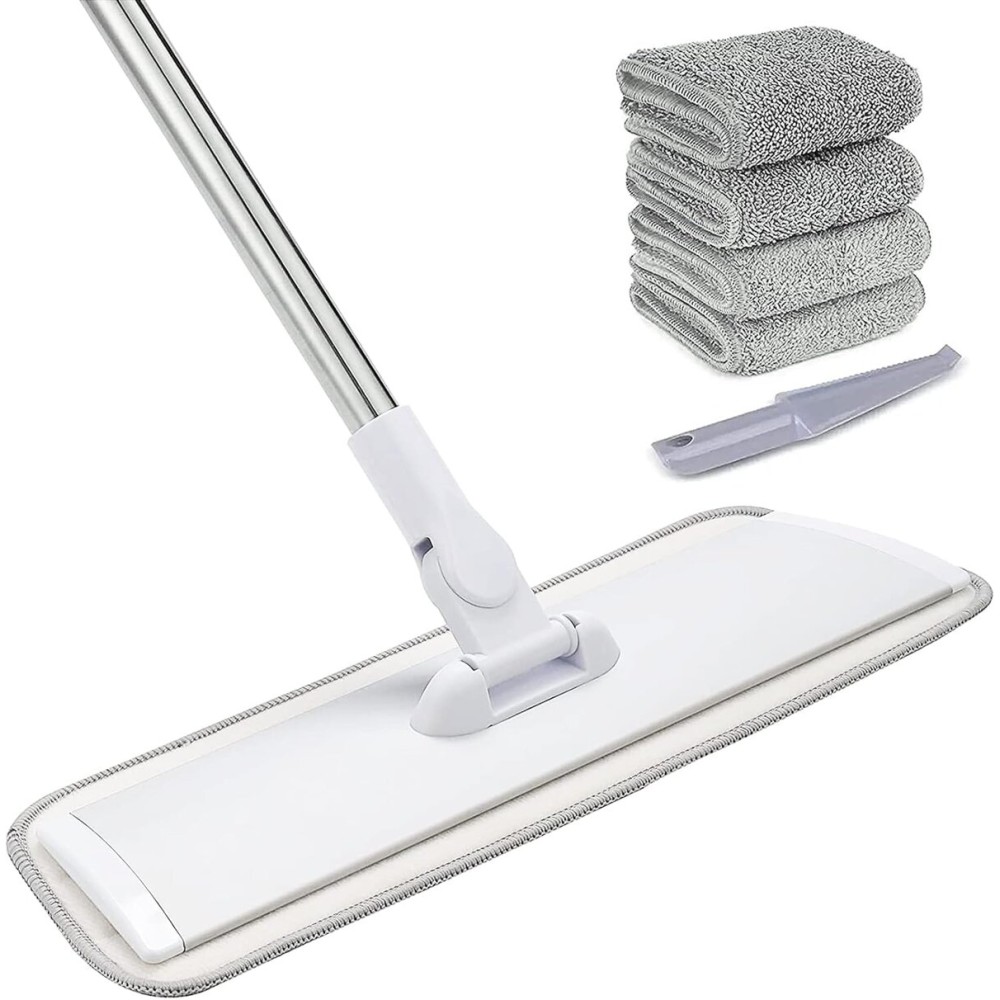 18 Professional Microfiber Mop Floor Cleaning System, Flat Mops with Stainless Steel Handle, 4 Reusable Washable Mop Pads, Wet and Dust Mopping for Hardwood, Vinyl, Laminate, Tile Cleaning (White)
