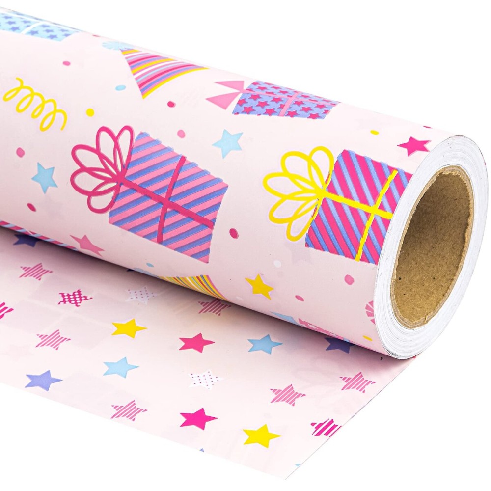 WRAPAHOLIC 30 Inch Jumbo Reversible Birthday Wrapping Paper - 30 Inch x 100 Feet Jumbo Roll - Pink Girls Happy Birthday Wrapping Paper for Kids Girls Gift Wrap, Baby Shower