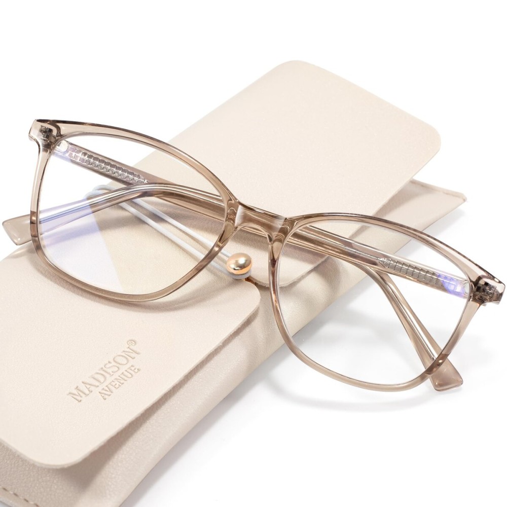Madison Avenue Square Vintage TR90 Blue Light Blocking Reading Glasses for Women with Case, Anti Glare/Eyestrain Computer Readers Coffee Brown +1.75