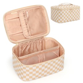 OCHEAL Makeup Bag,Travel Makeup Organizer Case, Large Capacity Cosmetic Bags for Wome Travel Toiletry Bag for Girls Traveling With Brush Slot And Divider-Plaid Beige