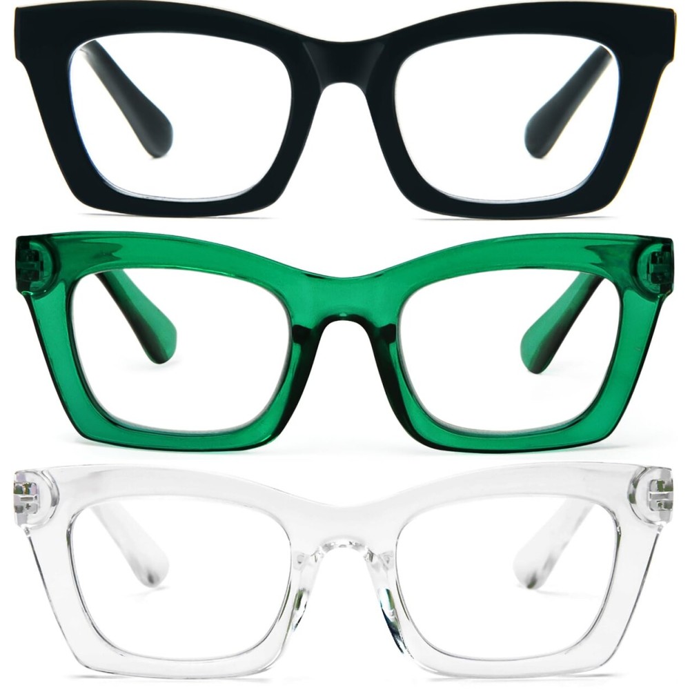 REAVEE 3 Pack Oprah Style Reading Glasses Blue Light Blocking Computer Square Readers for Women with Spring Hinge Anti Glare/Eyestrain, Black Green Clear 1.75