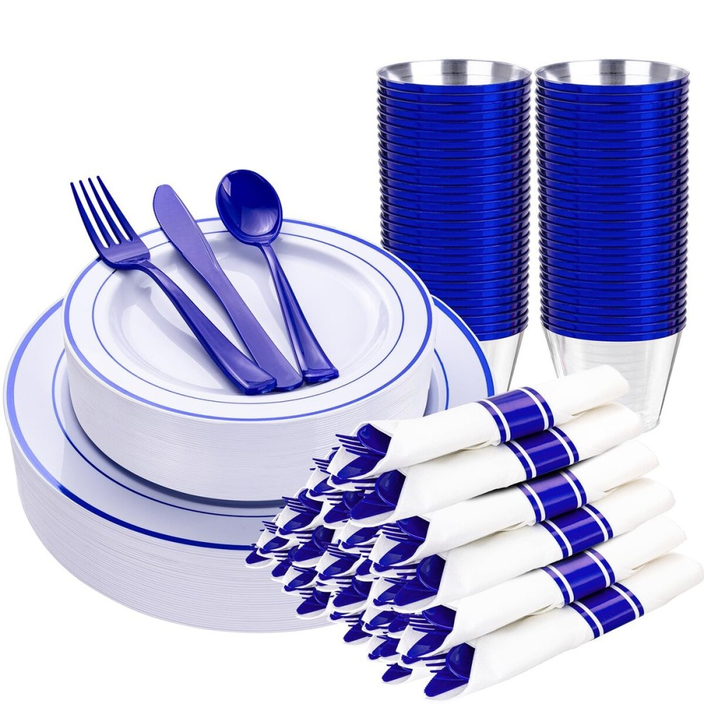 WELLIFE 210 Piece Blue Disposable Dinnerware Set,Plastic Plates for Party, Include: 30 Dinner Plates, 30 Dessert Plates, 30 Pre Rolled Napkins with Gold Silverware and 30 Gold Cups