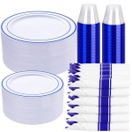 WELLIFE 350 Pieces Blue Plastic Plates - Disposable Silverware and Cups, Include: 50 Dinner Plates 10.25, 50 Dessert Plates 7.5, 50 Blue Cups 9 OZ, 50 Plastic Cutlery