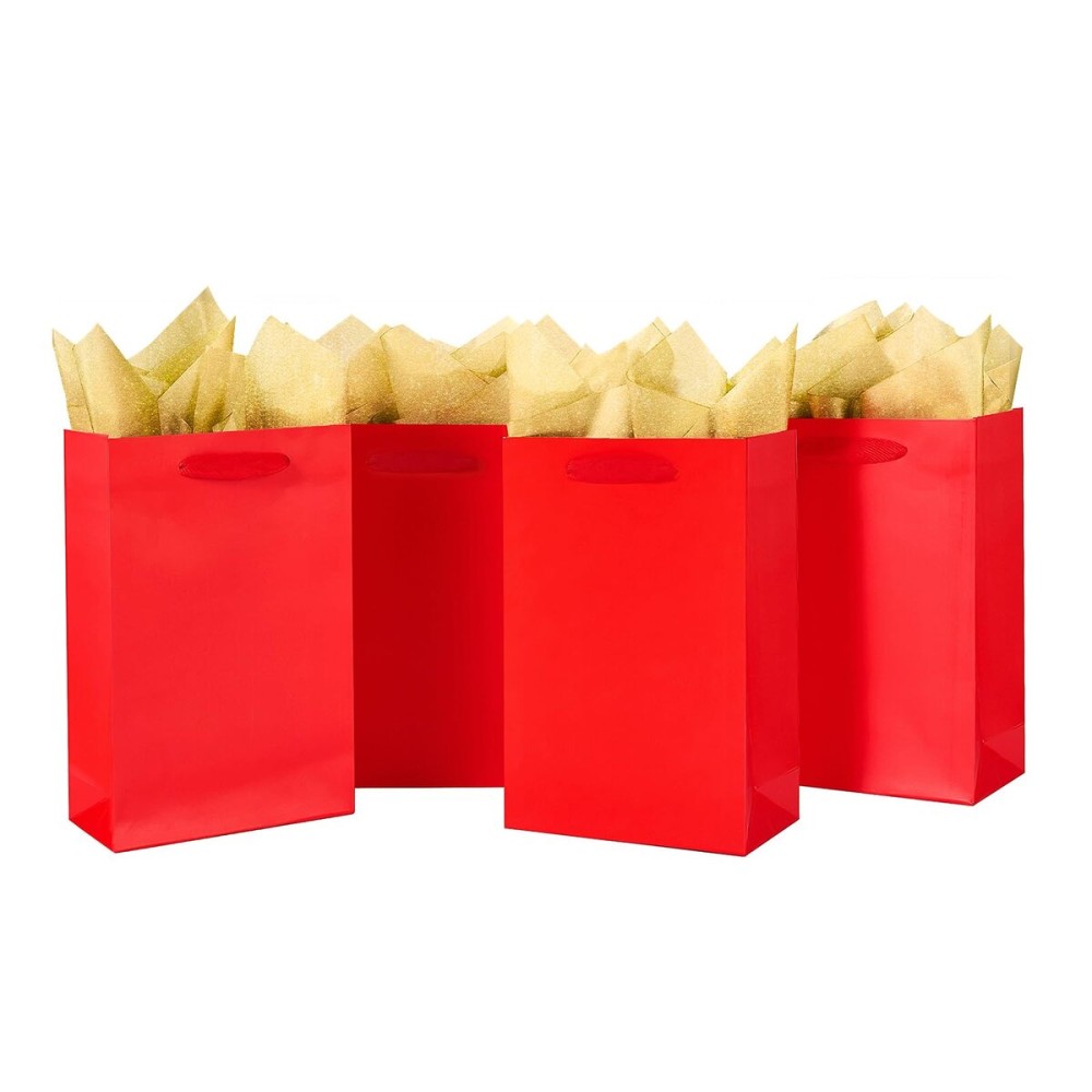 SHIPKEY 10 Pcs Luxury Red Bags with Tissue Paper, Gift Bags for Men, Groomsmen Proposal Bags 8x4x11in Kraft Paper Bags with Handles Bulk | Wedding Paper Bags, Red Gift Bags