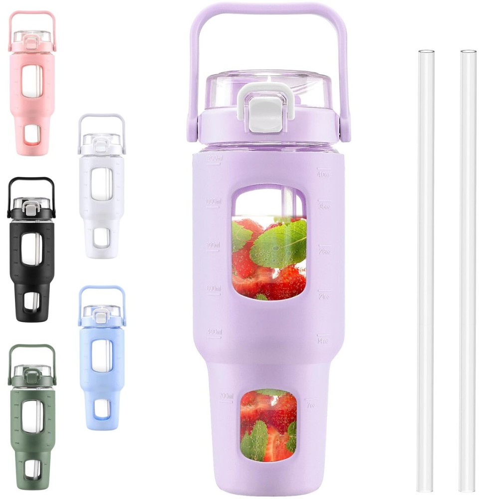 BLUEGO 40 oz Glass Water Bottles with Straw Time Marker, Glass Tumbler with Handle Top Lids, Easy to Clean, Fits in Car Cup Holder, Leakproof Jug for Gym, Sports, Workout & Daily, Purple
