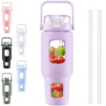 BLUEGO 40 oz Glass Water Bottles with Straw Time Marker, Glass Tumbler with Handle Top Lids, Easy to Clean, Fits in Car Cup Holder, Leakproof Jug for Gym, Sports, Workout & Daily, Purple