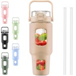 BLUEGO 40 oz Glass Water Bottles with Straw Time Marker, Glass Tumbler with Handle Top Lids, Easy to Clean, Fits in Car Cup Holder, Leakproof Jug for Gym, Sports, Workout & Daily, Amber