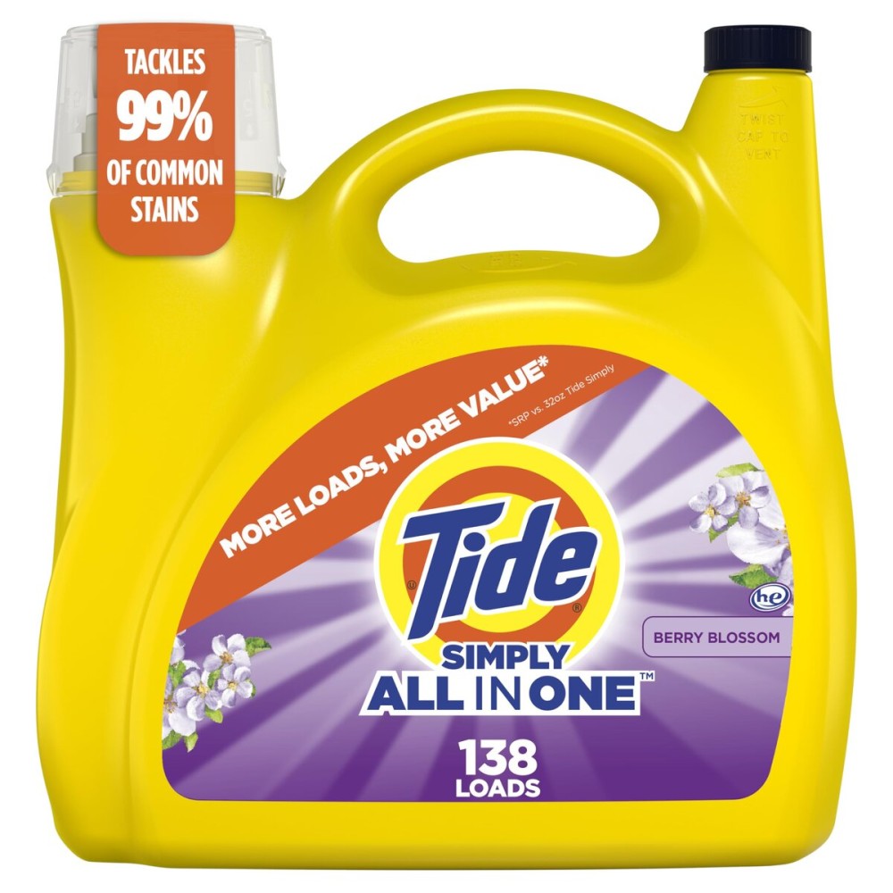 Tide Simply All-In-One Liquid Laundry Detergent, Berry Blossom Scent, 138 Loads, 182 fl oz