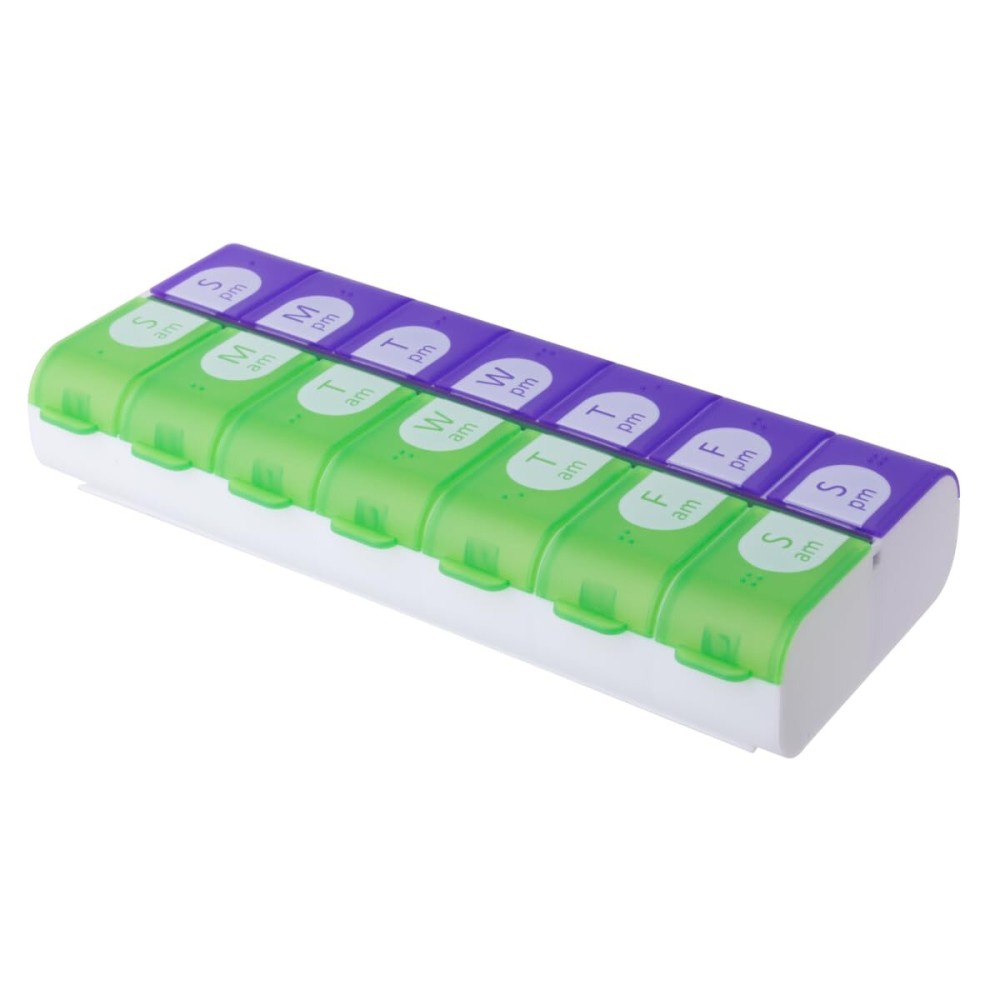 EZY DOSE Pill Organizer Weekly (7-Day), Medicine Planner, Vitamin Box, Daily Planner Case, 2 Times a Day, AM PM, Large Compartments, Easy Fill All Compartments at Once, Green and Purple, BPA Free
