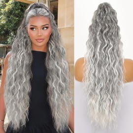 ORSUNCER Ponytail Extension Claw 30 Curly Pony Tail Clip in Claw Hair Extensions Fluffy Natural Looking Synthetic Hairpiece for Women Omber Grey