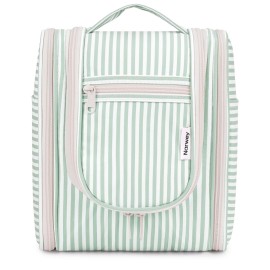 Narwey Small Striped Hanging Travel Toiletry Bag for Women, Travel Bag for Toiletries, Makeup Bag Organizer Cosmetic Bags Make Up Bags for Women (Mint Green Stripe)