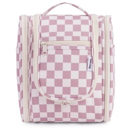 Narwey Small Checkered Hanging Travel Toiletry Bag for Women, Travel Bag for Toiletries, Makeup Bag Organizer Cosmetic Bags Make Up Bags for Women (Dusty Rose Checkerboard)