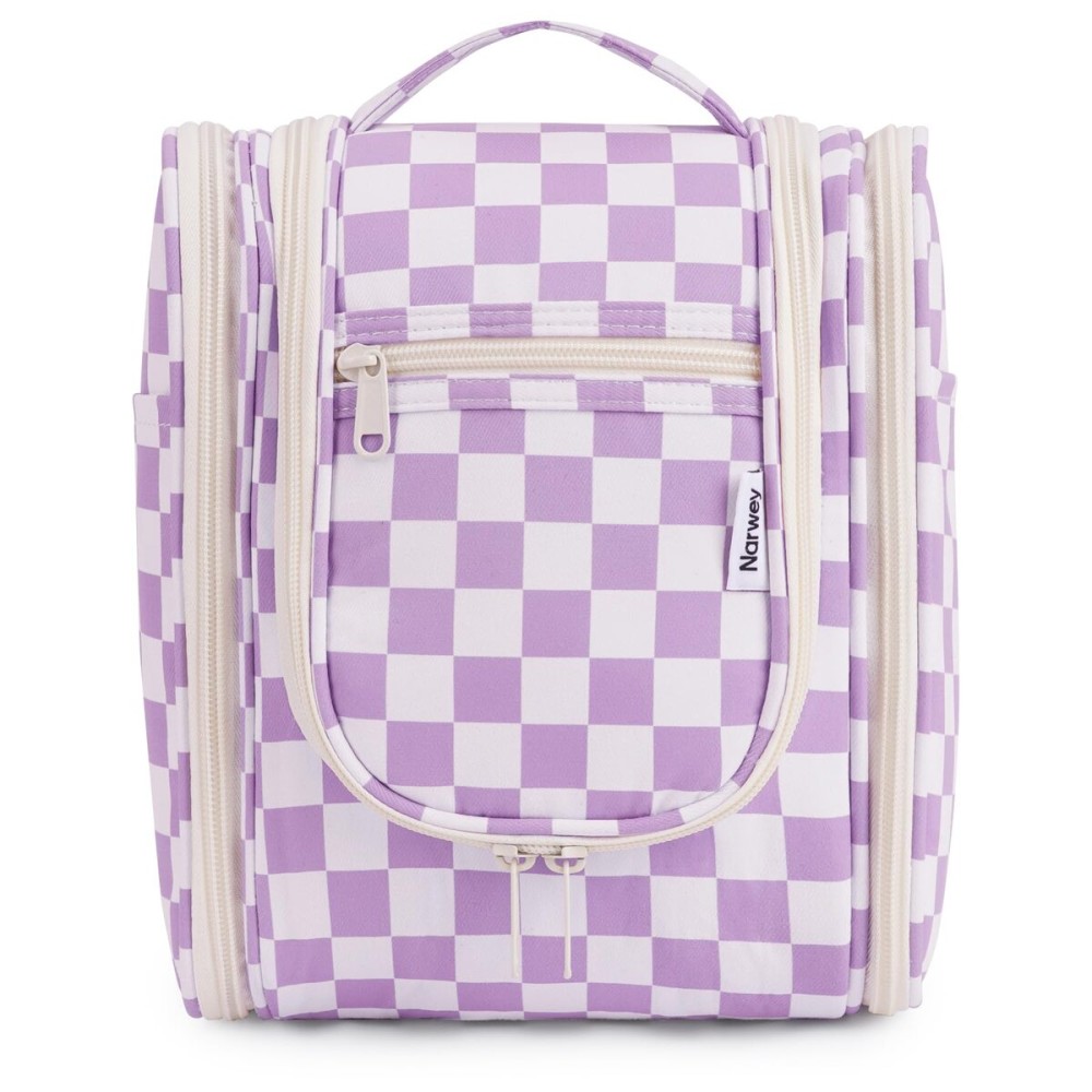 Narwey Small Checkered Hanging Travel Toiletry Bag for Women, Travel Bag for Toiletries, Makeup Bag Organizer Cosmetic Bags Make Up Bags for Women (Purple Checkerboard)