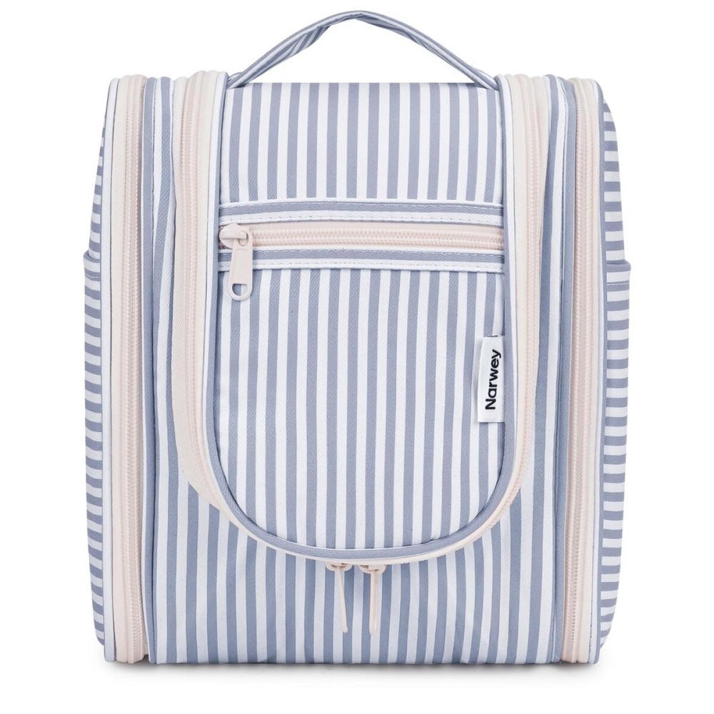 Narwey Small Striped Hanging Travel Toiletry Bag for Women, Travel Bag for Toiletries, Makeup Bag Organizer Cosmetic Bags Make Up Bags for Women (Greyish Blue Stripe)