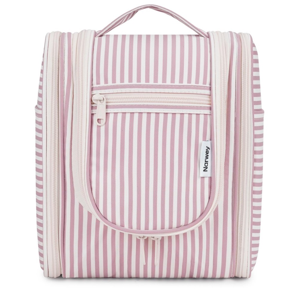 Narwey Small Striped Hanging Travel Toiletry Bag for Women, Travel Bag for Toiletries, Makeup Bag Organizer Cosmetic Bags Make Up Bags for Women (Dusty Rose Stripe)
