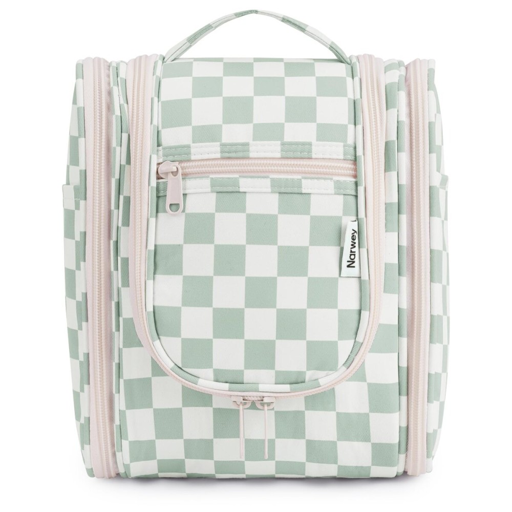 Narwey Small Checkered Hanging Travel Toiletry Bag for Women, Travel Bag for Toiletries, Makeup Bag Organizer Cosmetic Bags Make Up Bags for Women (Mint Green Checkerboard)