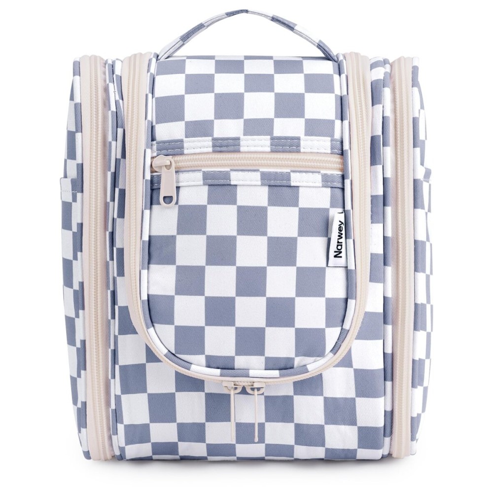 Narwey Small Checkered Hanging Travel Toiletry Bag for Women, Travel Bag for Toiletries, Makeup Bag Organizer Cosmetic Bags Make Up Bags for Women (Grayish Blue Checkerboard)