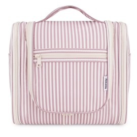 Narwey Striped Hanging Travel Toiletry Bag for Women, Travel Bag for Toiletries, Makeup Bag Organizer Cosmetic Bags Make Up Bags for Women (Dusty Rose Stripe)